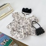 【66-90】セットアップ ブラック フラワー 半袖 トップス＆パンツ - 画像 (8)