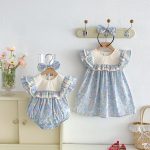 【66-140】ロンパースorワンピース ブルー 花柄 姉妹服