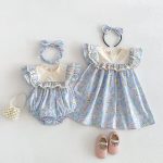 【66-140】ロンパースorワンピース ブルー 花柄 姉妹服 - 画像 (4)
