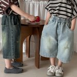 【80-140】デニムパンツ 七分丈 ヴィンテージ加工 ダメージ - 画像 (3)