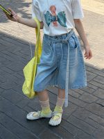 【100-160】ショートパンツ デニム ベルト付き 無地 ゆったり 合わせやすい