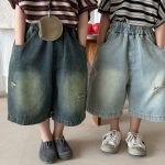【80-140】デニムパンツ 七分丈 ヴィンテージ加工 ダメージ