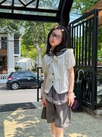 【100-160】三点セット学園風半袖ボーダー柄リボンシャツ+裾+ショートパンツ - 画像 (5)
