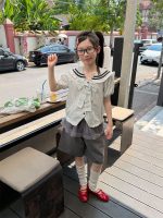 【100-160】三点セット学園風半袖ボーダー柄リボンシャツ+裾+ショートパンツ - 画像 (2)