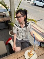 【100-160】三点セット学園風半袖ボーダー柄リボンシャツ+裾+ショートパンツ - 画像 (3)