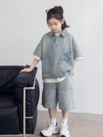 【120-170】セットアップ デニム 折り襟 半袖 ゆったり カジュアル - 画像 (5)
