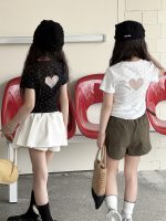 【100-150】Tシャツ 可愛い ハート柄 ドット 半袖 ラウンドネック