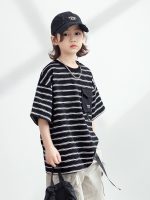 【120-170】Tシャツ ボーダー柄 カジュアル 半袖 ラウンドネック - 画像 (4)