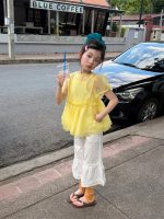 【100-160】二点セット トップス パフスリーブ 半袖 無地 通気性良い 女の子 - 画像 (2)