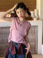 【100-160】ベスト 無地 切り替え 合わせやすい ノースリーブ 女の子 トップス - 画像 (5)