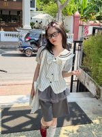 【100-160】三点セット学園風半袖ボーダー柄リボンシャツ+裾+ショートパンツ - 画像 (4)