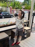【100-160】三点セット学園風半袖ボーダー柄リボンシャツ+裾+ショートパンツ - 画像 (6)