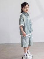 【120-170】セットアップ デニム 折り襟 半袖 ゆったり カジュアル - 画像 (3)