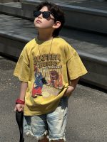 【90-160】キッズ半袖Tシャツ イエロー 存在感抜群 アメリカンレトロ カートゥーン柄 おしゃれ