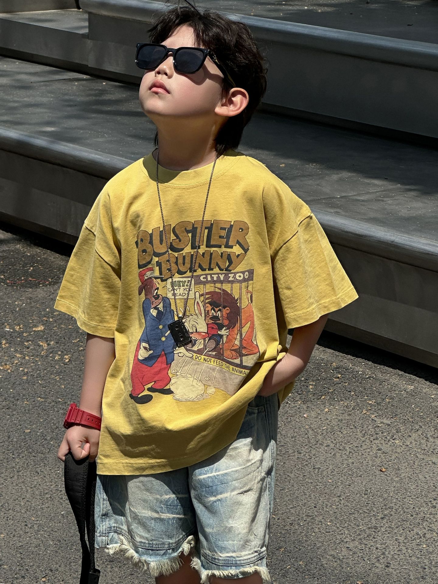 O1CN01pkDdqq1DACMcbO2IM_2218066840175-0-cib.jpg 【90-160】キッズ半袖Tシャツ イエロー 存在感抜群 アメリカンレトロ カートゥーン柄 おしゃれ - 画像 (1)