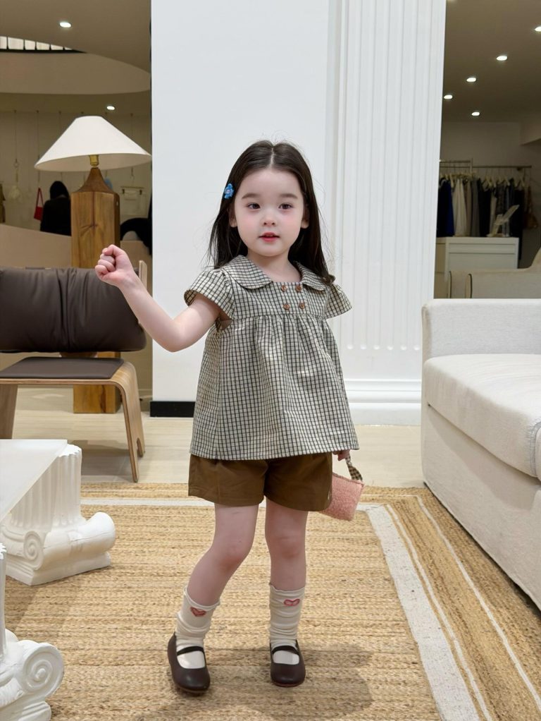 【90-140cm】シャツorパンツ 女の子 チェック柄 折り襟
