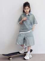 【120-170】セットアップ デニム 折り襟 半袖 ゆったり カジュアル