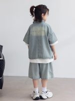 【120-170】セットアップ デニム 折り襟 半袖 ゆったり カジュアル - 画像 (4)
