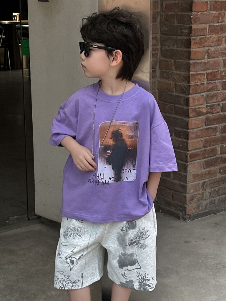 【90-160cm】半袖Tシャツ 男の子 パープル 個性的 肌触り良好 ヴィンテージ風