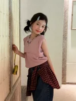 【100-160】ベスト 無地 切り替え 合わせやすい ノースリーブ 女の子 トップス - 画像 (4)