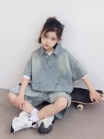 【120-170】セットアップ デニム 折り襟 半袖 ゆったり カジュアル - 画像 (6)
