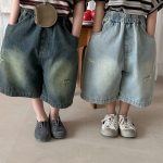【80-140】デニムパンツ 七分丈 ヴィンテージ加工 ダメージ - 画像 (9)
