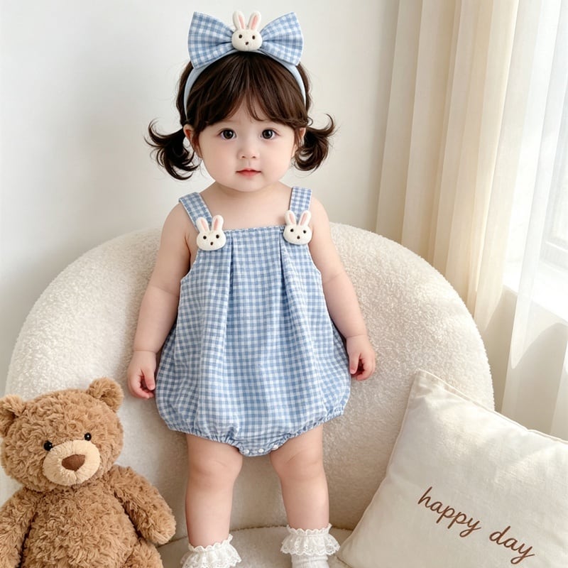 abc44690b33bbe59c5bebb549a899931.jpg 【66-90】ロンパース ウサギ チェック ベビー服 - 画像 (1)