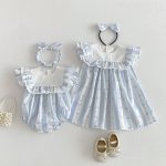 【66-140】ロンパースorワンピース ブルー ストライプ 姉妹服 - 画像 (5)