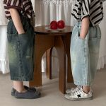 【80-140】デニムパンツ 七分丈 ヴィンテージ加工 ダメージ - 画像 (4)