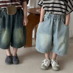 【80-140】デニムパンツ 七分丈 ヴィンテージ加工 ダメージ - 画像 (2)