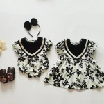 【66-120】ロンパース or ワンピース ベビー 女の子 レトロ フラワーデザイン