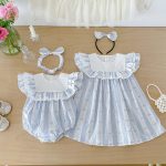 【66-140】ロンパースorワンピース ブルー ストライプ 姉妹服 - 画像 (10)