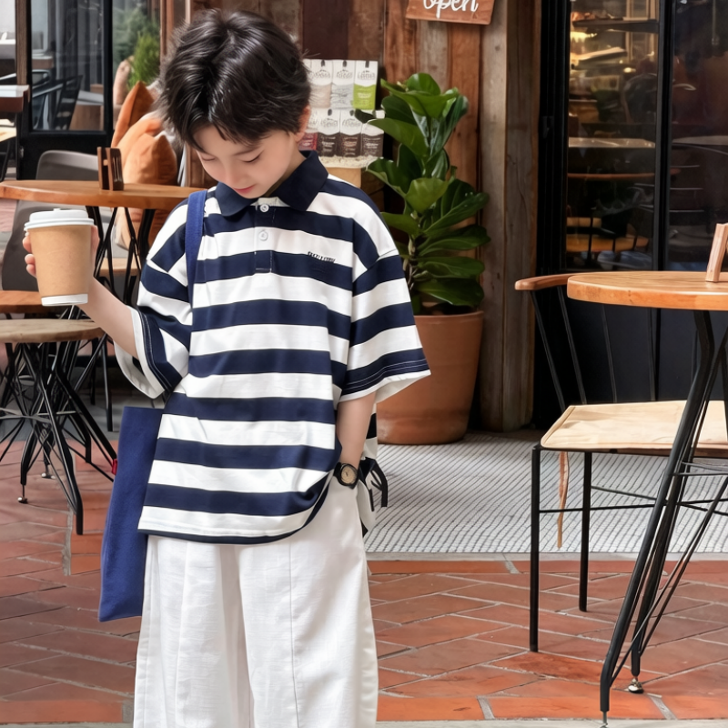 dda07d475ae258 【100-170】半袖Tシャツ 男の子 ボーダー柄 折り襟 ポロシャツ - 画像 (1)