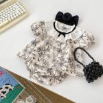 【66-90】セットアップ ブラック フラワー 半袖 トップス＆パンツ - 画像 (7)
