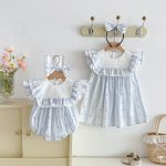 【66-140】ロンパースorワンピース ブルー ストライプ 姉妹服