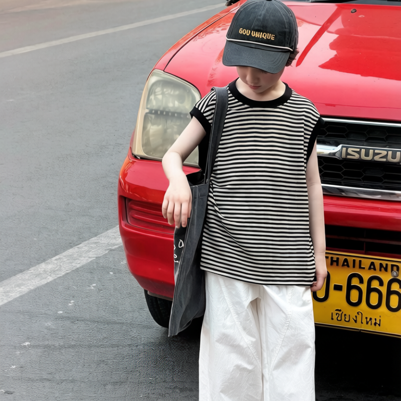 fe66a095b48ef 【100-170】Tシャツ 男の子 ボーダー柄 ノースリープ トレンド - 画像 (1)