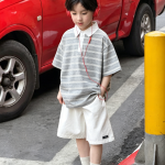 【100-170】半袖Tシャツ 男の子 ボーダー柄 折り襟 ゆったり - 画像 (3)
