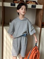 【100-170】セットアップ 無地 切り替え 半袖 フード付き アウター+ショートパンツ - 画像 (5)
