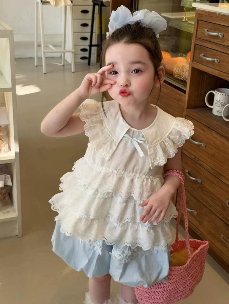 【90-140cm】フリル シャツorショートパンツ 女の子 リボン付き スウィート