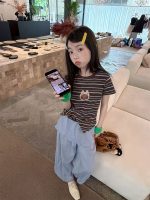 【100-160】Tシャツ ストライプ 刺繍 半袖 スウィート 合わせやすい 女の子