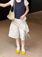 【100-160】ショートパンツ 切り替え 無地 ゆったり 七分丈 合わせやすい - 画像 (2)