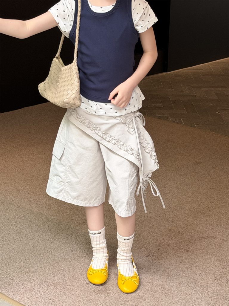 【100-160cm】ショートパンツ 切り替え 無地 ゆったり 七分丈 合わせやすい