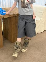 【100-160】ショートパンツ 切り替え 無地 ゆったり 七分丈 合わせやすい - 画像 (3)