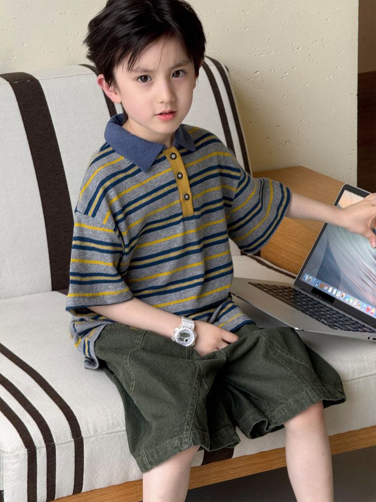【100-160cm】半袖Tシャツ 男の子 ボーダー柄 配色 ポロシャツ