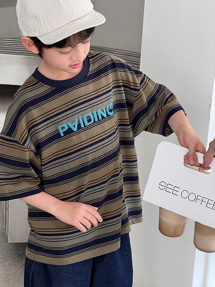 O1CN01TQCeM72GTqMvEOcab_2201251829017-0-cib.jpg 【90-160】半袖Tシャツ 男の子 ボーダー柄 レトロ - 画像 (1)