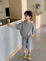 【100-170】セットアップ 無地 切り替え 半袖 フード付き アウター+ショートパンツ - 画像 (4)