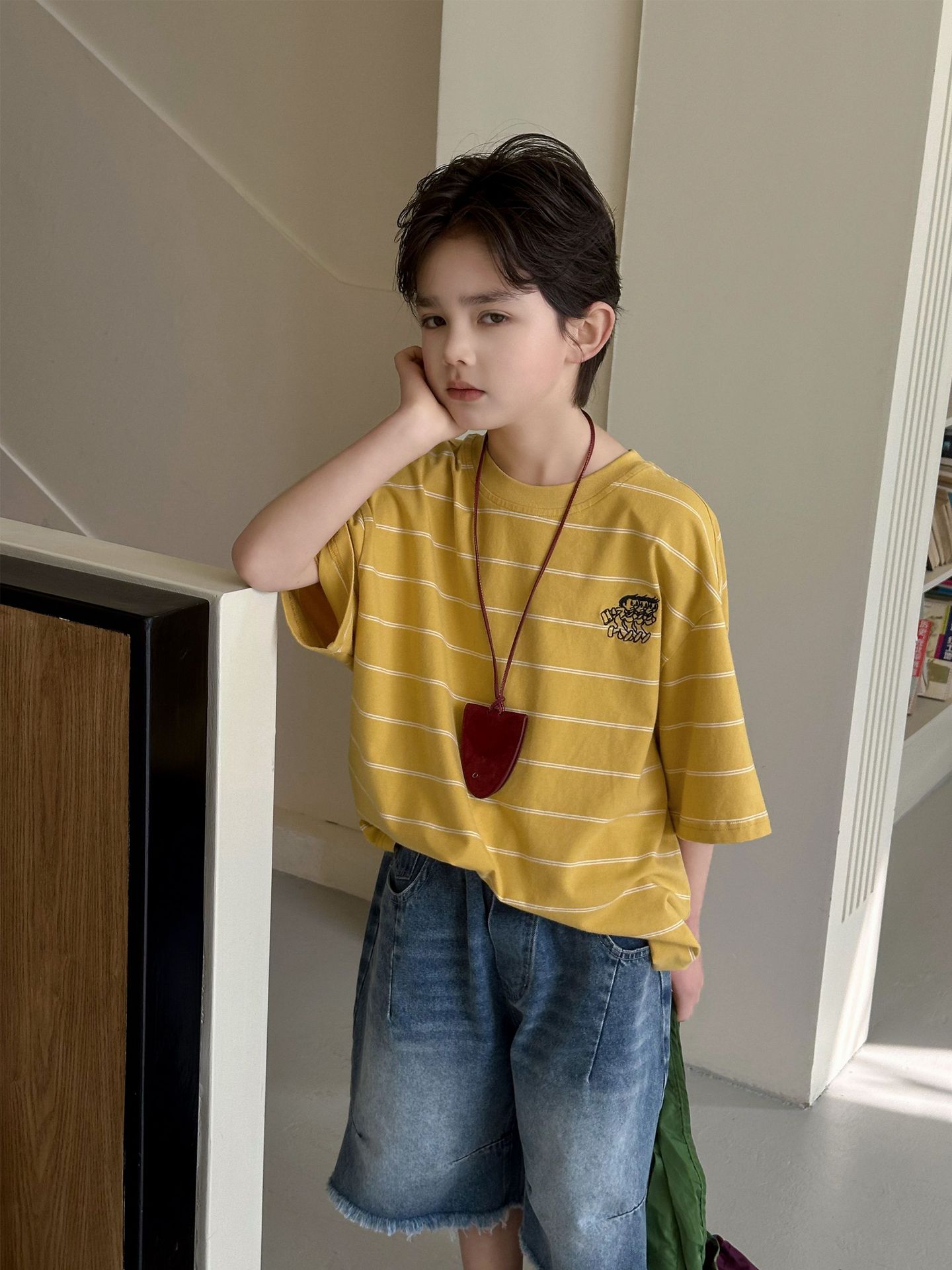 O1CN01kY7vjg1DACRSuCKwY_2218066840175-0-cib.jpg 【100-170】Tシャツ ストライプ プリント ゆったり 五分袖 男の子 - 画像 (1)