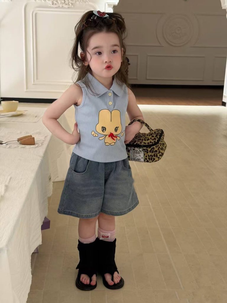 【80-130cm】折り襟 ベストorデニム ショートパンツ 女の子 かわいい