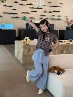 【100-160】Tシャツ ストライプ 刺繍 半袖 スウィート 合わせやすい 女の子 - 画像 (6)