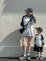 【80-150cm+親サイズ】長袖Tシャツ 親子ペア カジュアル 韓国風 配色